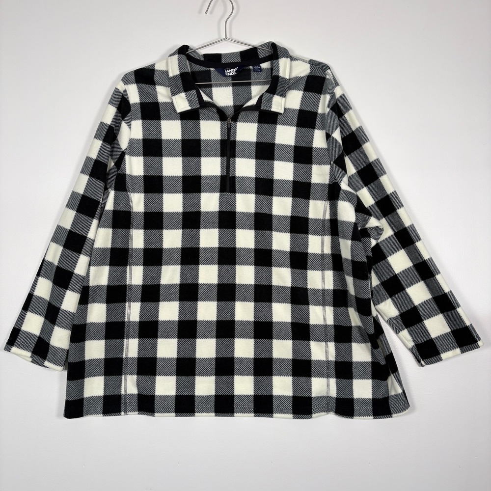 Lands End Womens Fleece Pullover 3X Black White Buffalo Plaid 1/4 Zip Outdoor